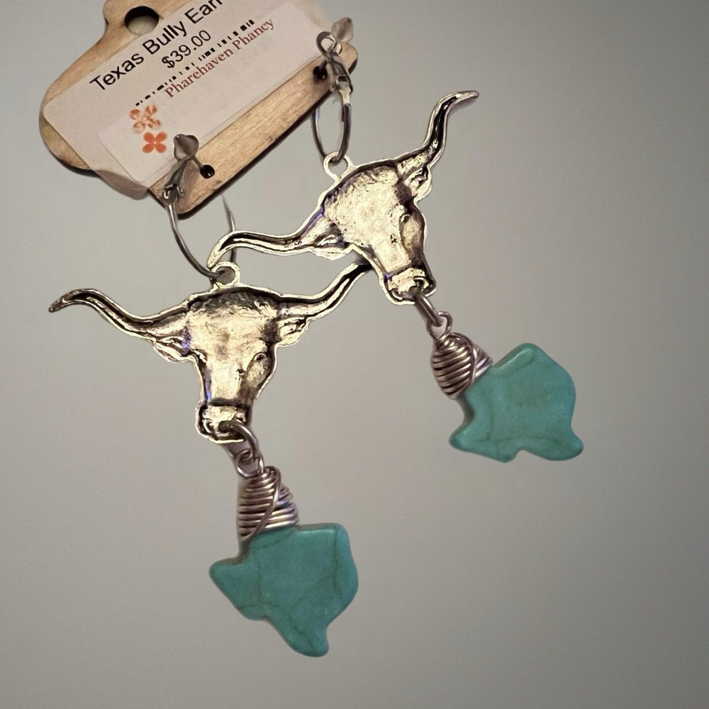 Art by Amy Texas Bully Earrings Silvertone with Turquoise Charm